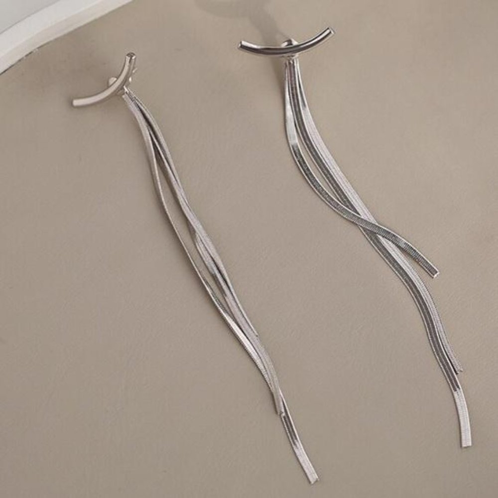 NEW STERLING SILVER BAR LONG TASSEL ARC EARRINGS - Picture 3 of 6